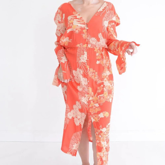 Free People Mixed Print Twist Orange Floral Boho  Maxi Dress XS - Picture 2 of 16